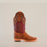 The Grecas Orix - Square Toe boot features premium brown leather, intricate stitching, floral embroidery on the shaft, and a blend of brown and maroon shades for a stylish look. It is paired with a wooden heel and pointed toe, set against a plain white background.