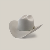 The 500X Superior Platinum is a light gray cowboy hat made from belly beaver fur, featuring a wide brim and an understated decorative band around the crown with a small emblem on the side, all set against a plain white background.