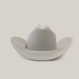 The 500X Superior Platinum is a luxurious light gray cowboy hat made from premium belly beaver fur, with a wide brim, top crease, and decorated band, set on a plain white background.