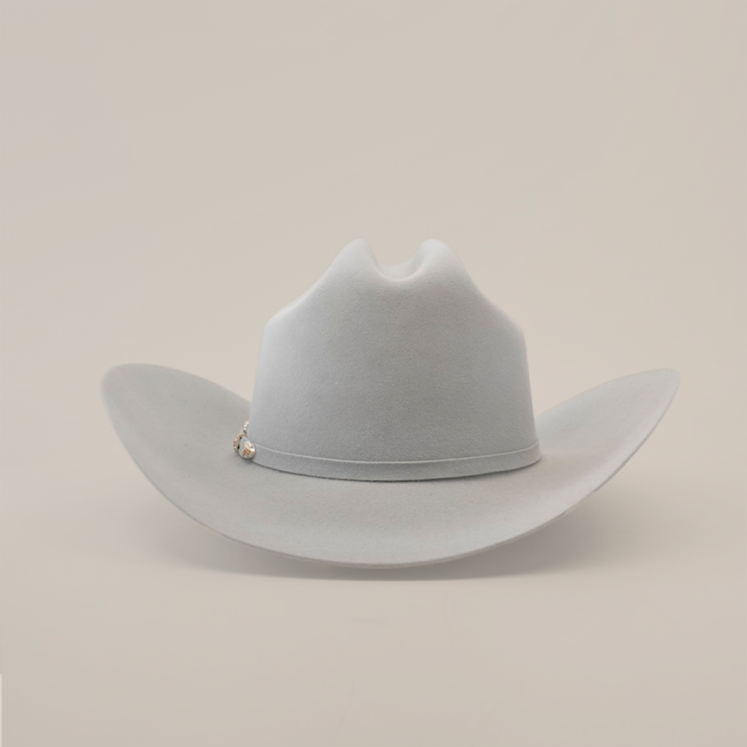 A light gray 6X Real Platinum Larry Mahan cowboy hat with a wide brim and subtle crease, set against a plain white background.