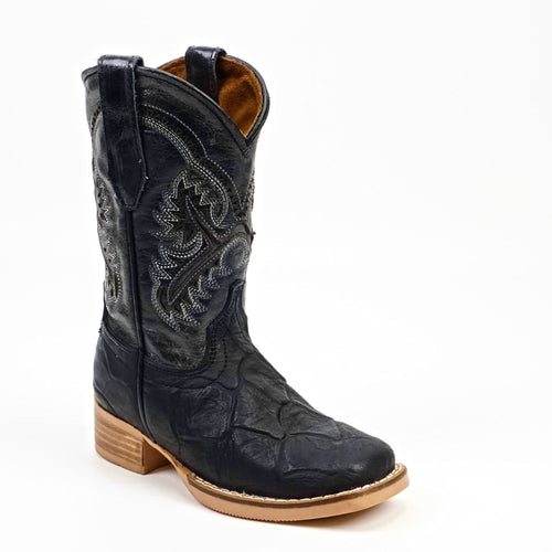Texas Country Bota Nino Black Pirarucu Fish - Embossed Leather Kids Boots - Square Toe (K92-1)