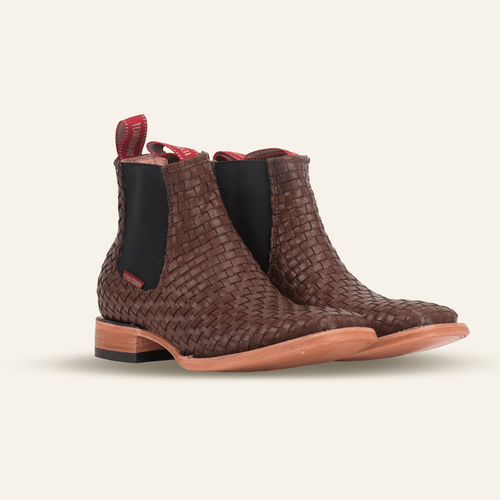 Texas Country Botines Charros TC Basket Weave Ankle Boots - Brown - Square Toe (E1200)